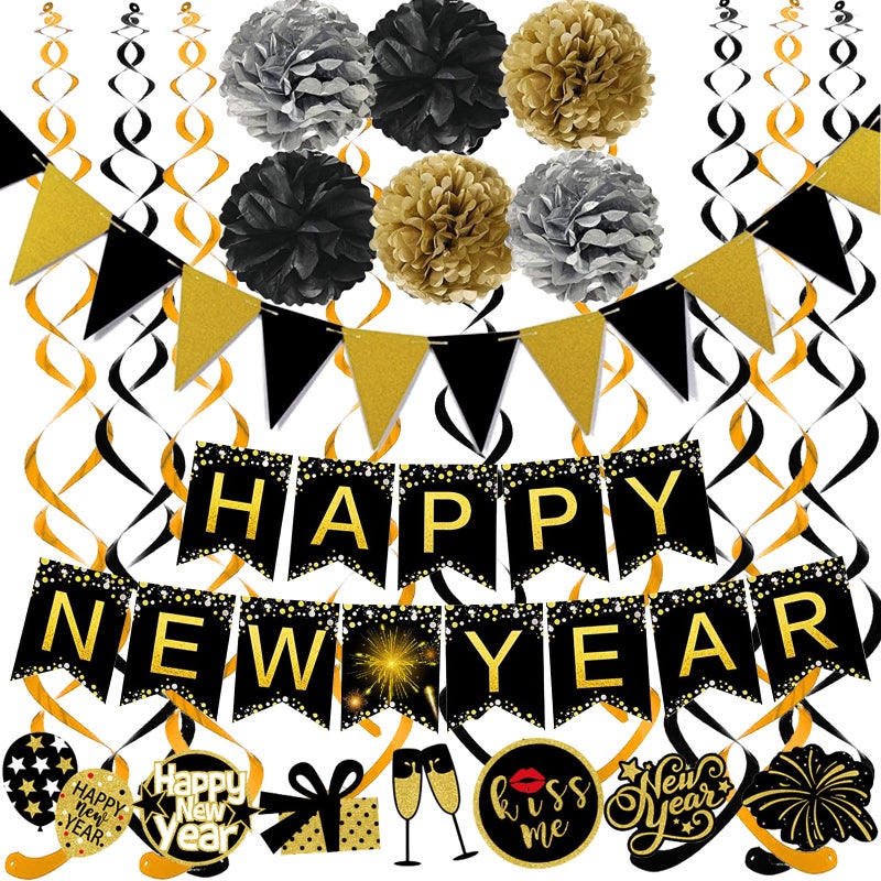 Famoby Happy New Year Banner Pom poms Triangle flag Swirls Garland Hanging Bunting for Happy New Year Party Decorations - Image 1